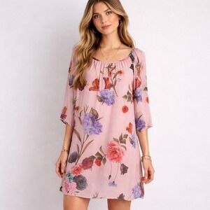 BELLAMBRA Made in Italy Size Medium Silk-Blend Floral Chiffon Boho Shift Dress
